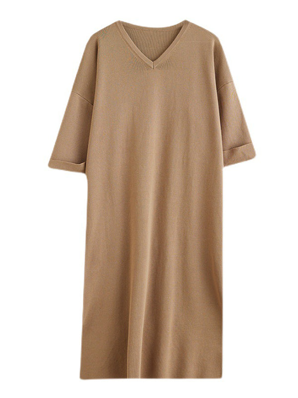 Urban Solid Color V-Neck Split-Side Knitting H-Line Sweater Dress