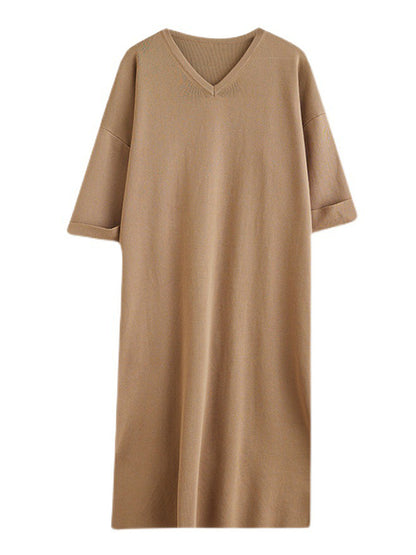 Urban Solid Color V-Neck Split-Side Knitting H-Line Sweater Dress