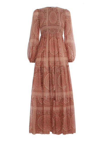 Totemic Printed Round Collar Lantern Long Sleeve Maxi Dress
