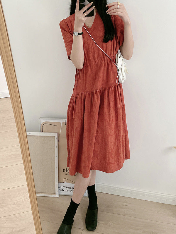 Urban Solid Color V-Neck Drawstring Short Sleeves Midi Dress