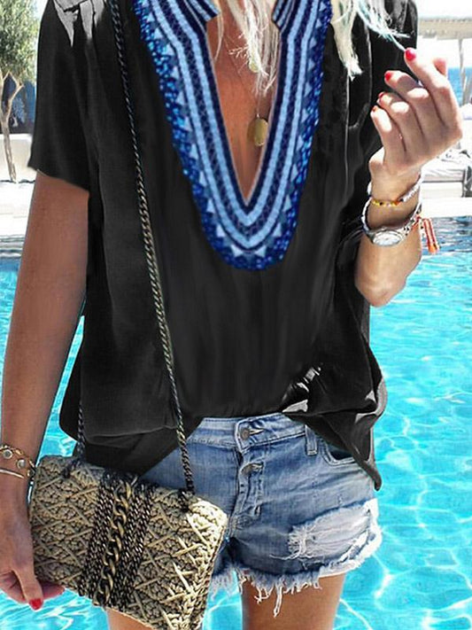 Loose Printed Deep V-neck Short Sleeve T-shirt