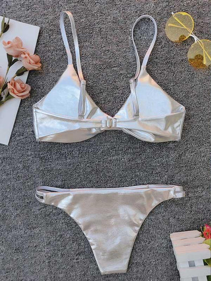 Shiny Plain Twist Sexy Bikini Swimsuit