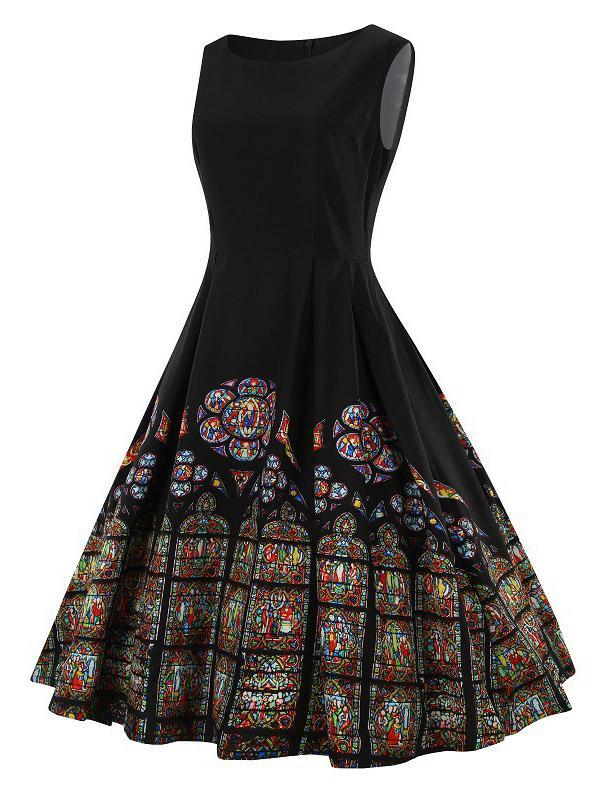 Vintage Printed Sleeveless Midi Dresses