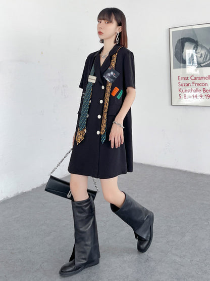 Stylish Buttoned Tie Split-Joint With Pocket Applique Notched Collar Short Sleeves Mini Shirt Dress
