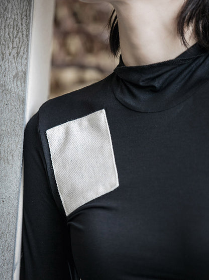 Casual Contrast Color Split-Joint High-Neck Long Sleeves T-Shirt Tops
