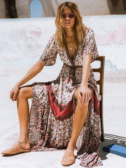 Printed Split-front Bohemia Maxi Dresses