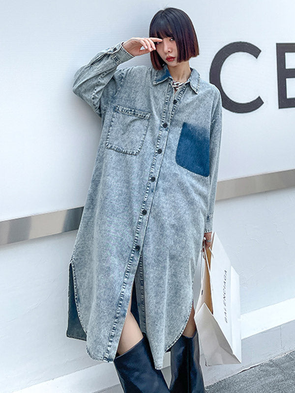 Simple Cool Raw Denim Split-Side Split-Joint With Pocket Buttoned Lapel Collar Long Sleeves Midi Shirt Dress