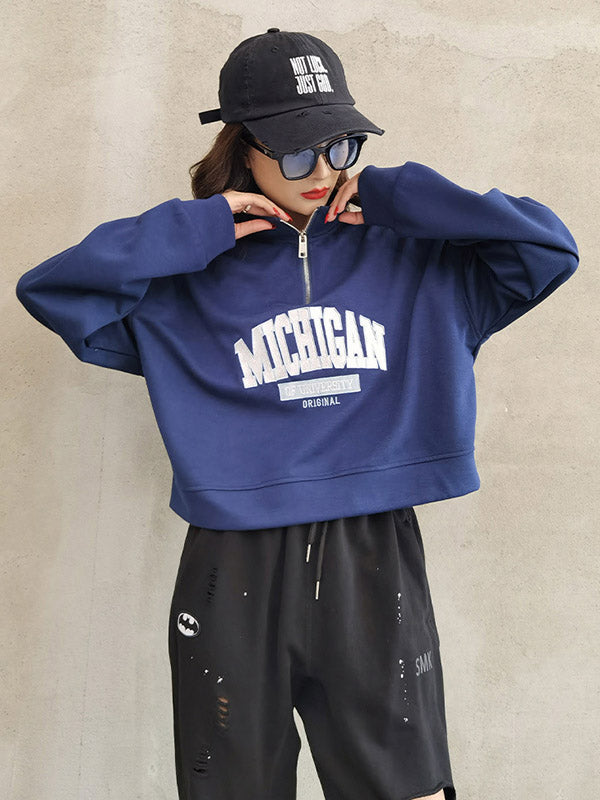 Casual Letter Printed Zipper High-Neck Long Sleeves Sweatshirts