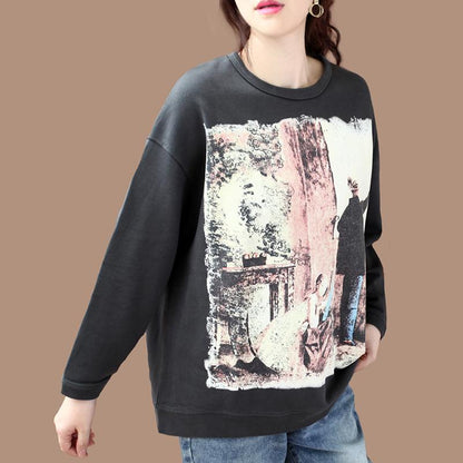 Buykud Round Neck Oil Painting Long Sleeve Sweatshirt
