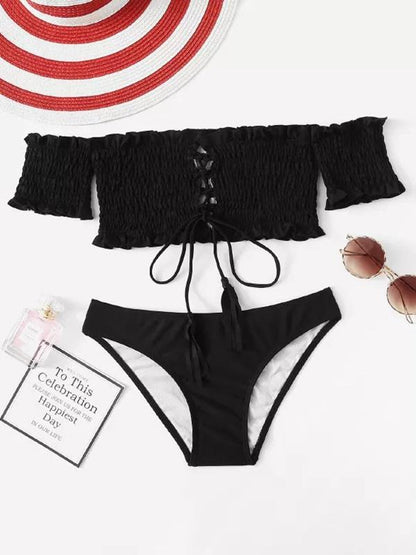 Sexy Drape Printed Short Sleeve Bikini Set