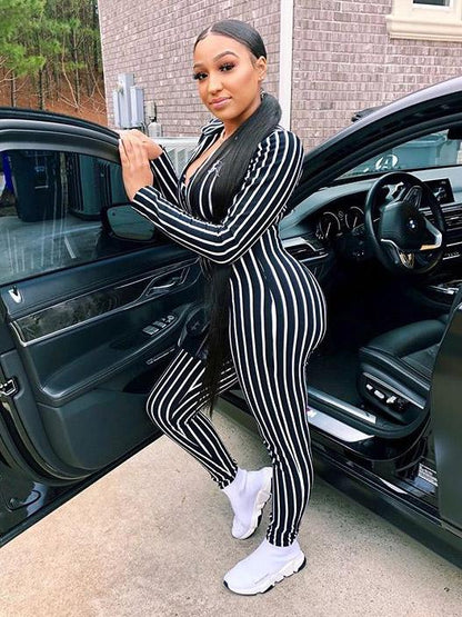 Striped V-neck Fitness Jumpsuits