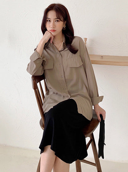 Simple Solid Color Buttoned Lapel Sun Protection Long Sleeves Blouse Tops