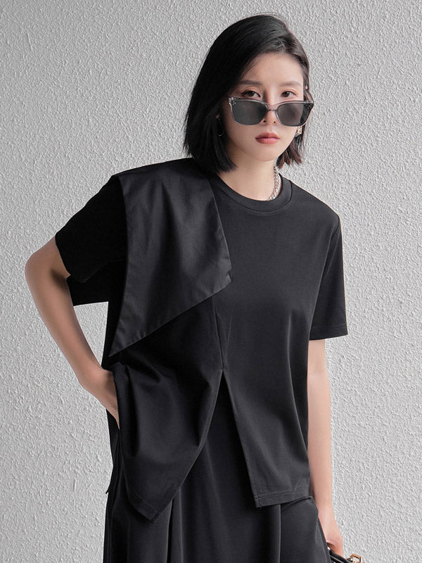 Stylish Black Split-Front Asymmetric Split-Joint Short Sleeves T-Shirts