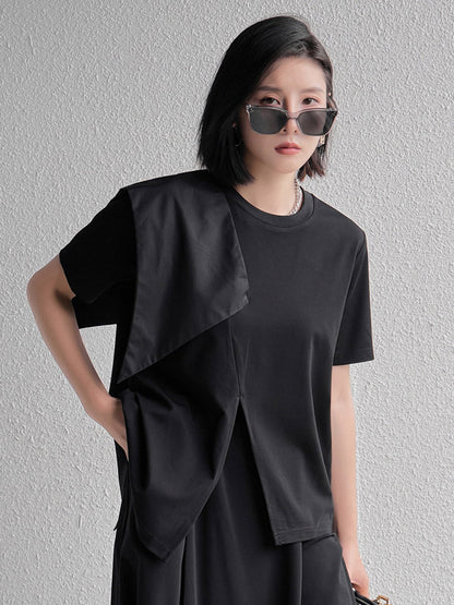 Stylish Black Split-Front Asymmetric Split-Joint Short Sleeves T-Shirts