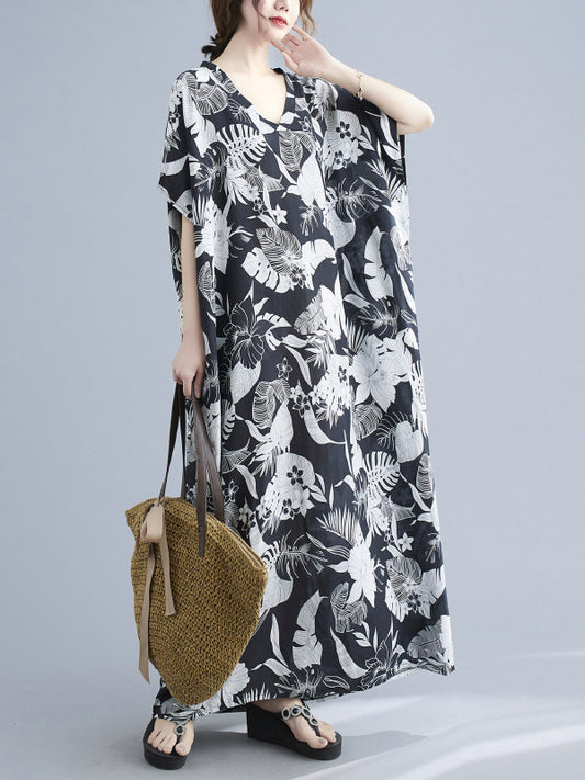Loose Floral Printed V-Neck Half Sleeves Maxi Dress