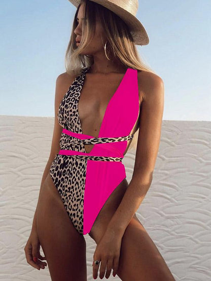 Leopard-Print Hollow Straps One-Piece Swimsuit