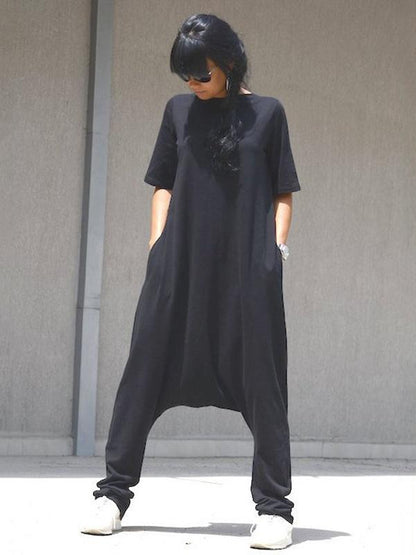 Simple Black Short Sleeves V-neck Jumpsuits