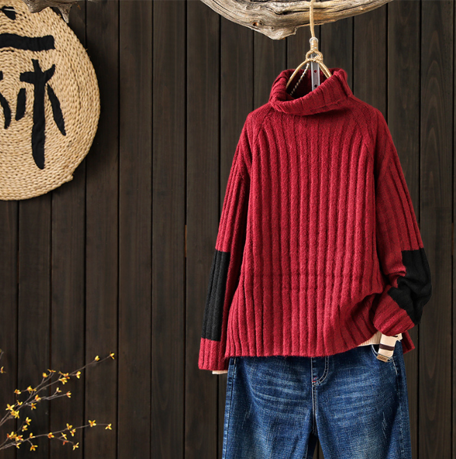 Sleeve Patchwork Casual Turtleneck Winter Sweater