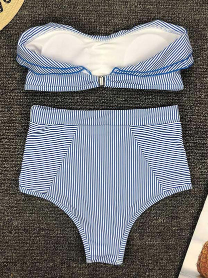 Striped Ruffled With High Waist Bikini Set