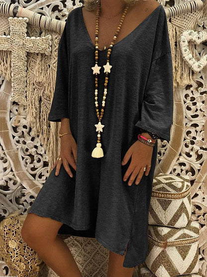 Solid V-neck Loose Midi Dress
