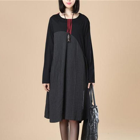 Stripe Splicing Pleated Stylish Women Long Sleeves Black Dress
