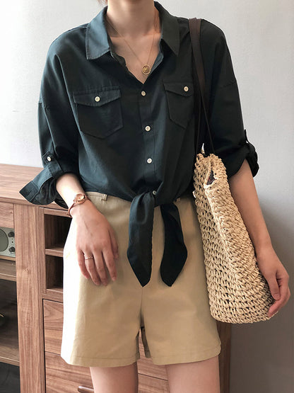 Urban Simple Solid Color Buttoned Split-Joint With Pocket Lapel Collar Long Sleeves Blouse