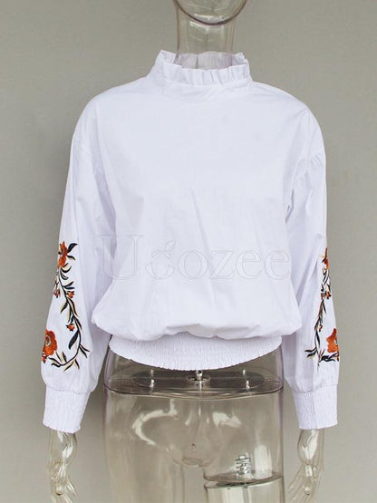 Casual Puff Sleeves Embroidered Blouses