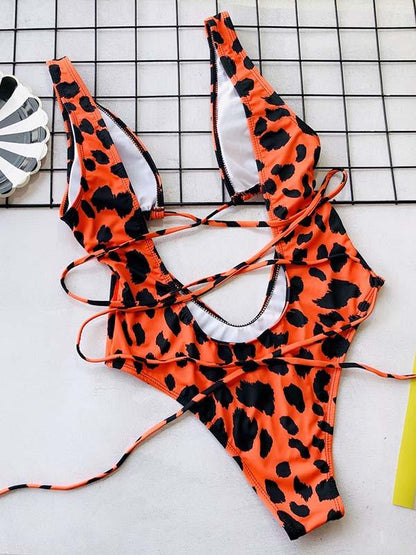 Leopard Hollow Lace Up One Piece Swimsuit