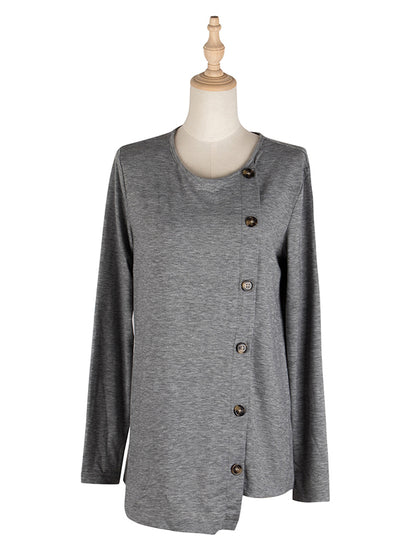 Casual Round-Neck Buttoned Asymmetric T-Shirt