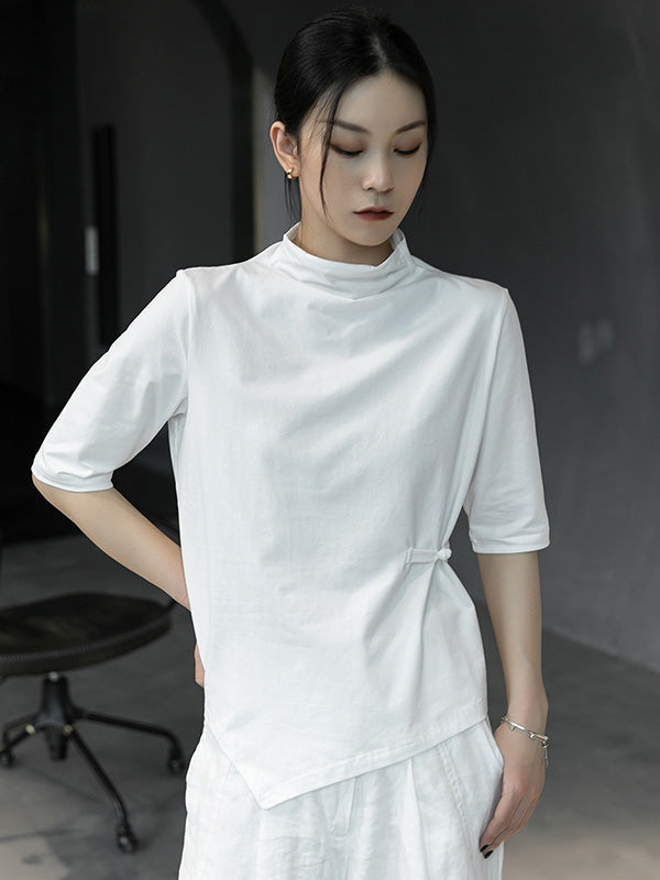 Simple White Stand Collar Half Sleeve Asymmetric T-Shirt
