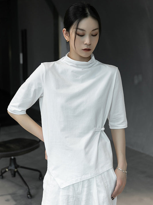 Simple White Stand Collar Half Sleeve Asymmetric T-Shirt