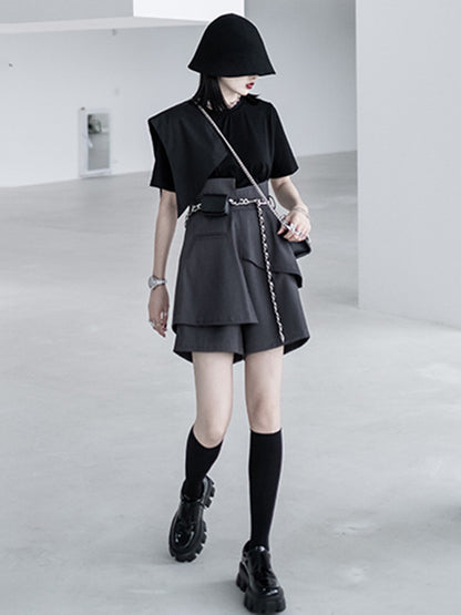 Urban Asymmetric Split-Front Solid Color Short Sleeves T-Shirt Top