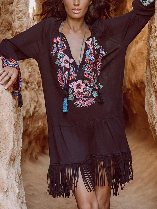Embroidered V-neck Tasseled Mini Dress