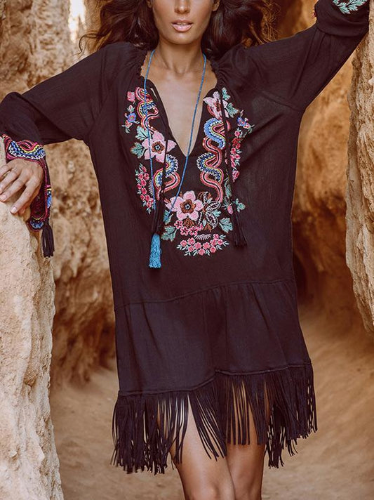 Embroidered V-neck Tasseled Mini Dress