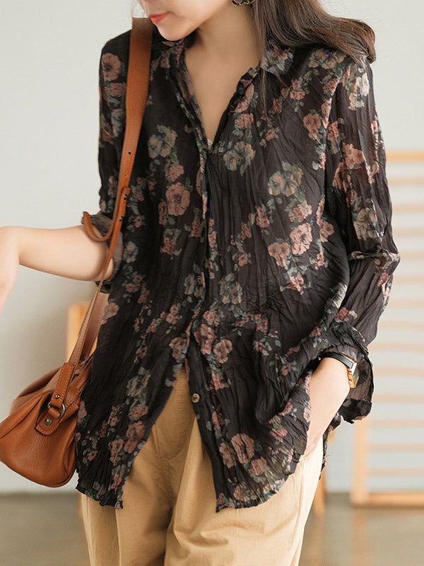 Vintage Printed Buttoned Pleated Lapel Long Sleeves Blouse Tops