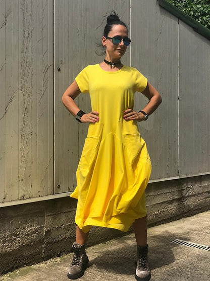Short Sleeve Double Pockets Irregular Maxi Dress