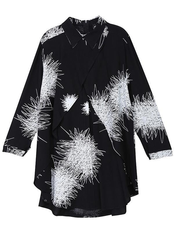 Black&White Long Sleeve Loose Blouse Cropped Printed Shirt