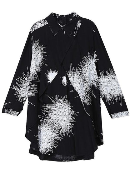 Black&White Long Sleeve Loose Blouse Cropped Printed Shirt