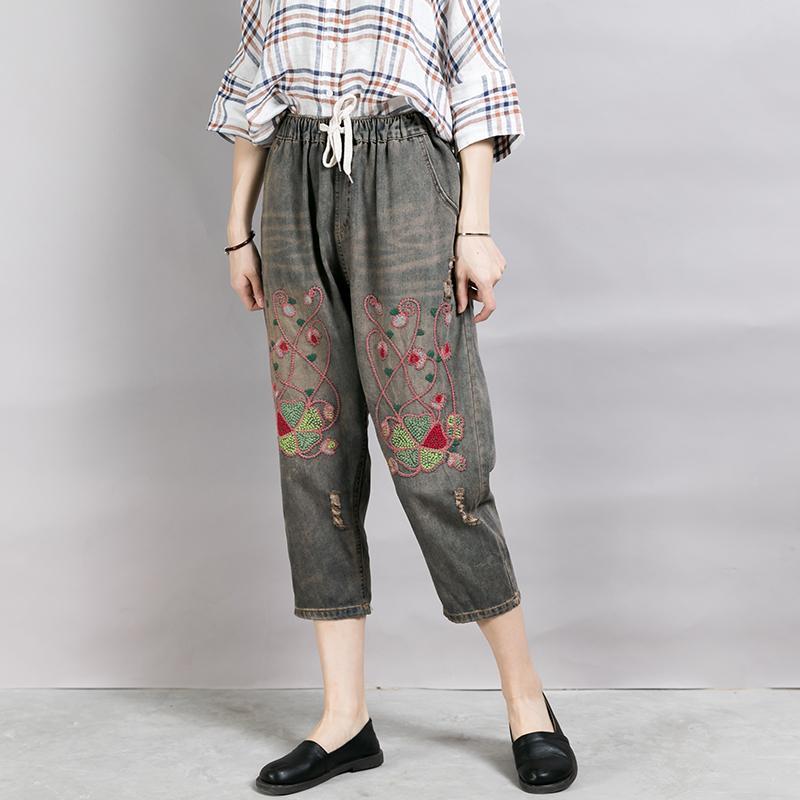 Embroidered Plant Worn Drawstring Nostalgic Jeans