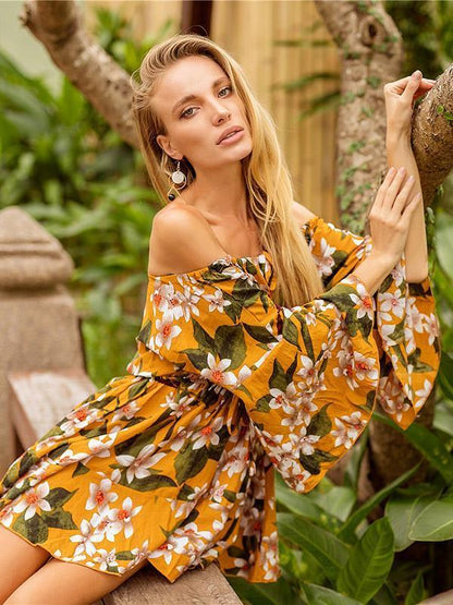 Off-the-shoulder Floral A-line Trumpet Sleeves Dress