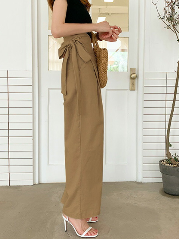Simple 9 Colors Ramie Cotton Tied High-Waisted Pants