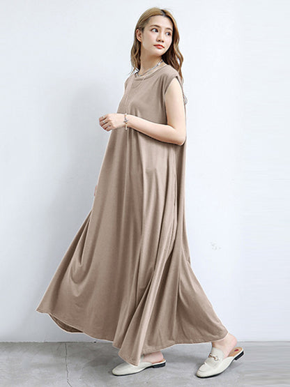Simple Solid Color Oversized A-Line Round-Neck Cap Sleeves Maxi Dress