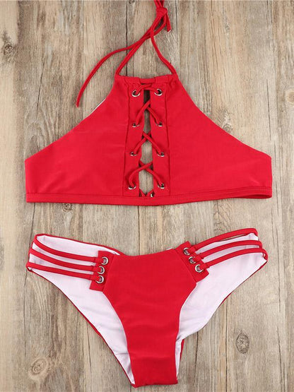 Red Plain Lace-up Bikinis Swimwear
