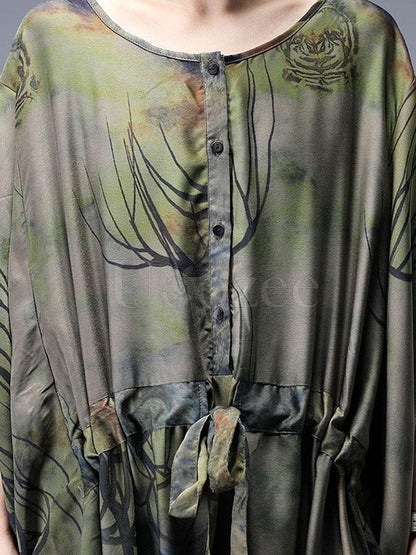 Loose Lace-up Printed Long Dress