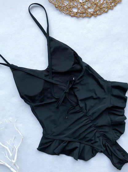 Plain Falbala Backless One Piece Swimsuit