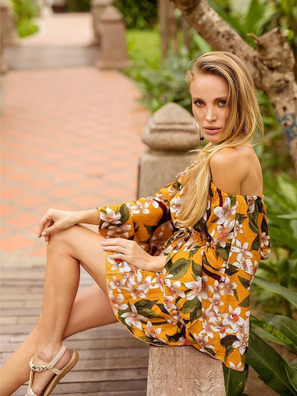 Off-the-shoulder Floral A-line Trumpet Sleeves Dress