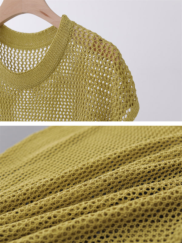 Simple Loose Solid Color Linen Hollow T-Shirt Top