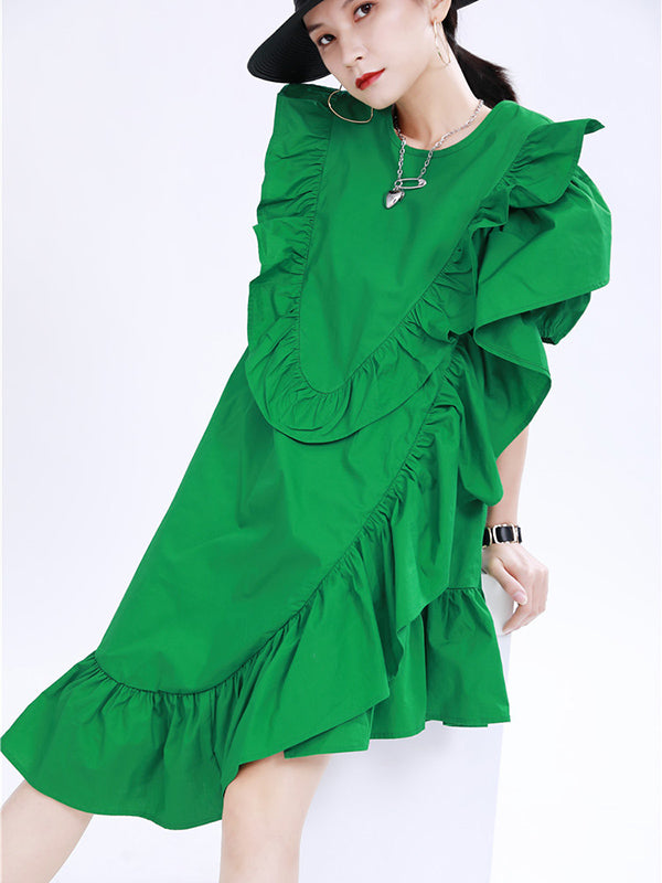 Original Irregular Solid Color Split-Joint Falbala Round-Neck Short Sleeves Midi Dress