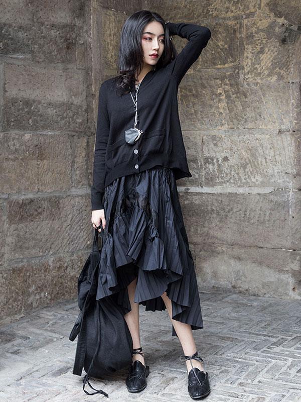 Black Hollow Irregular Fold Skirt