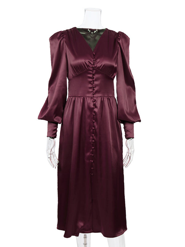 Urban Buttoned Split-Front High Waisted Puff Sleeve A-Line Midi Dress